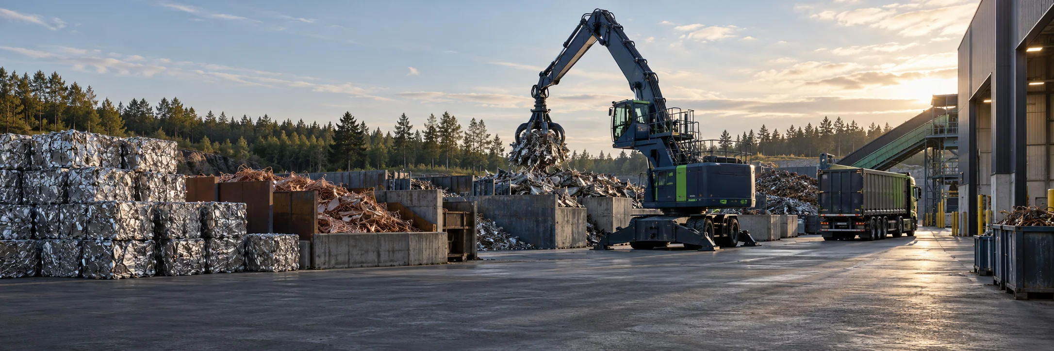 Illustration av en återvinningsgård med metallbalar och materialhanterare